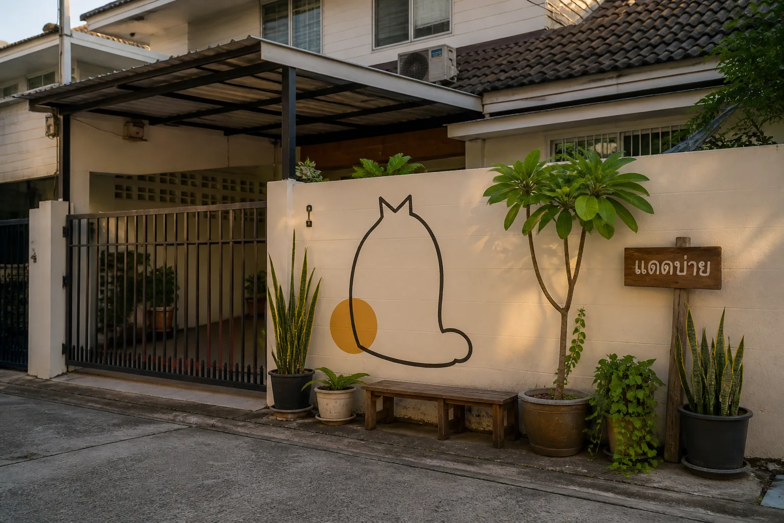บ้านของแดดบ่ายมองจากซอย ผนังสีอ่อนมีภาพวาดแมวเส้นเดียวและวงกลมสีเหลืองอำพัน มีต้นไม้กระถางและป้ายไม้เขียนมือ